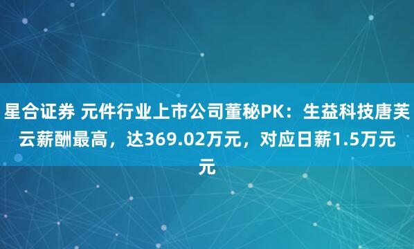 星合证券 元件行业上市公司董秘PK：生益科技唐芙云薪酬最高，达369.02万元，对应日薪1.5万元